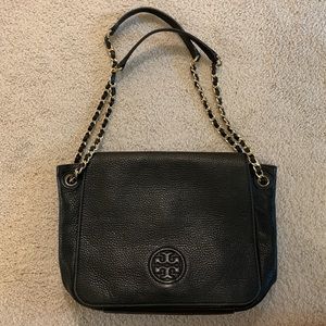 Tory Burch Pebbled Leather Marion Black Chain Bag